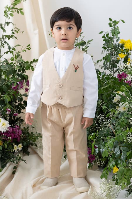 Tiber Taber White Cotton Embroidery Beige Designer Boys Waistcoat Set 