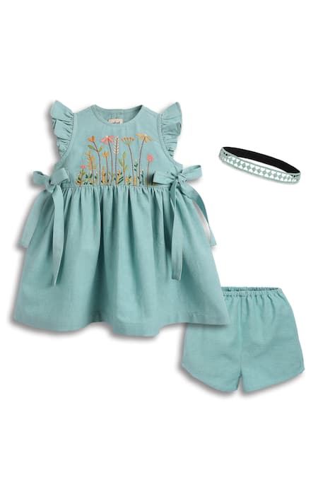 Shop Tiber Taber Blue Cotton Embroidery, Lace Floral Dress Set Online at Aza Fashions Shop_Tiber Taber_Blue Cotton Embroidery, Lace Floral Dress Set _Online_at_Aza_Fashions