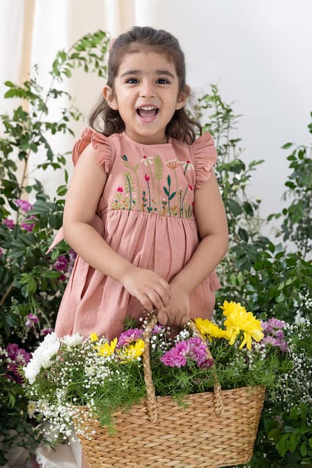 Tiber Taber Pink Cotton Embroidery Floral Dress Set at Aza Fashions Tiber Taber_Pink Cotton Embroidery Floral Dress Set _at_Aza_Fashions