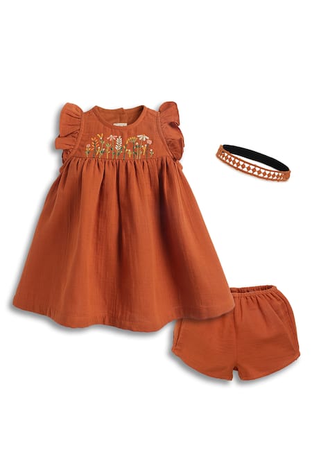 Tiber Taber_Rust Cotton Embroidery, Lace Dress Set _at_Aza_Fashions