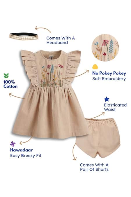 Buy_Tiber Taber_Beige Cotton Embroidery Dress Set 