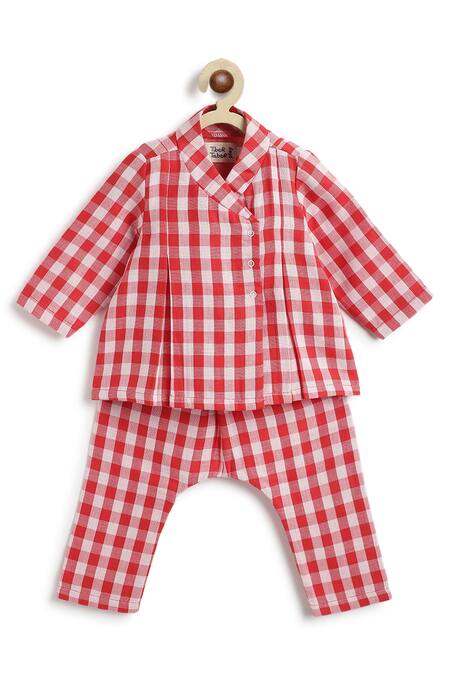 Tiber Taber_Red Cotton Checked Jhabla And Pyjama Set _at_Aza_Fashions