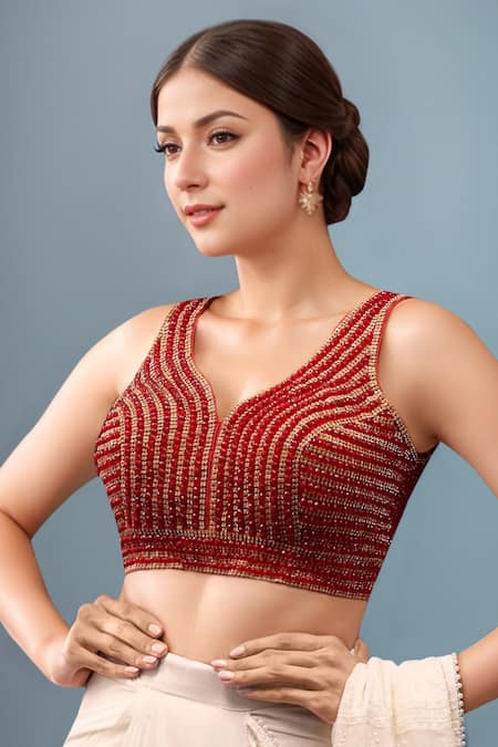 Samyukta Singhania Red Silk Beads V-neck Embellished Padded Blouse 