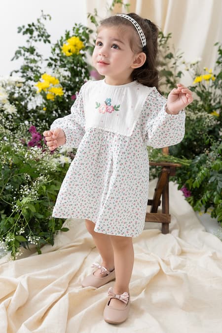 Tiber Taber White Cotton Embroidery, Lace Floral Print Dress Set 