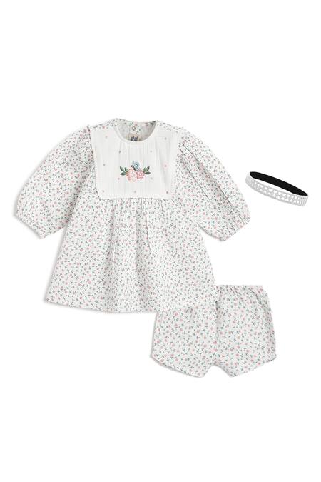 Buy_Tiber Taber_White Cotton Embroidery, Lace Floral Print Dress Set 