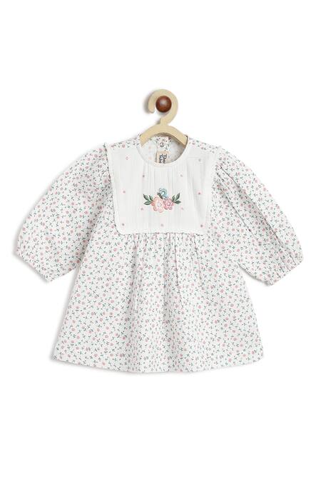 Shop_Tiber Taber_White Cotton Embroidery, Lace Floral Print Dress Set 