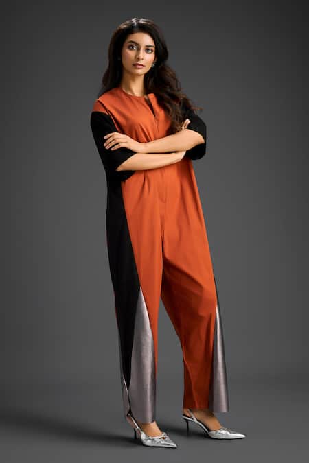 Deepika Arora Orange Cotton Collared Designer Color Block Jumpsuit 