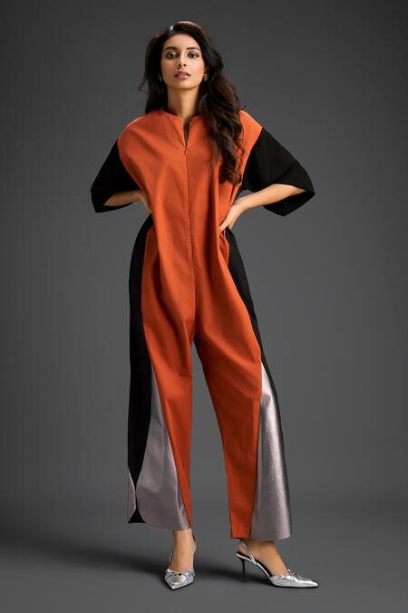 Buy_Deepika Arora_Orange Cotton Collared Designer Color Block Jumpsuit _Online_at_Aza_Fashions