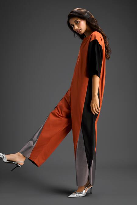 Shop_Deepika Arora_Orange Cotton Collared Designer Color Block Jumpsuit _Online_at_Aza_Fashions