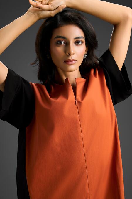 Deepika Arora_Orange Cotton Collared Designer Color Block Jumpsuit _at_Aza_Fashions