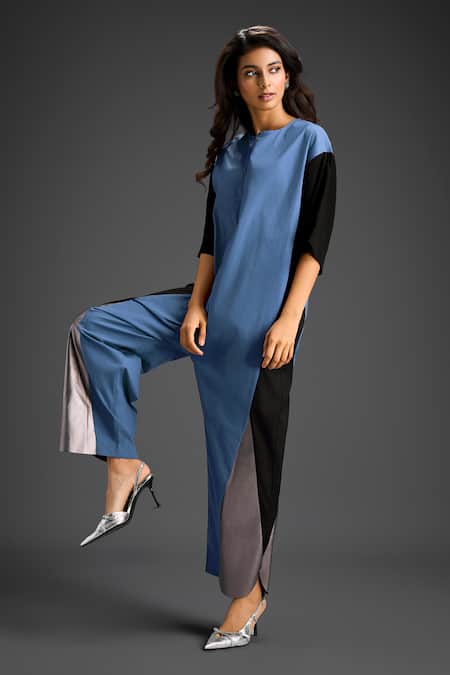 Buy_Deepika Arora_Blue Cotton Round Neck Color Block Designer Jumpsuit _Online_at_Aza_Fashions