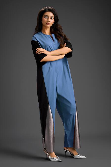 Deepika Arora_Blue Cotton Round Neck Color Block Designer Jumpsuit _at_Aza_Fashions