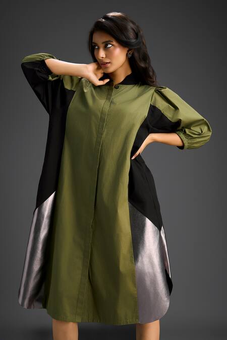 Deepika Arora_Green Cotton Collared Designer Dress _Online_at_Aza_Fashions