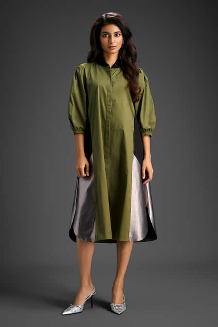 Deepika Arora Green Cotton Collared Designer Dress 