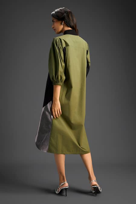 Shop_Deepika Arora_Green Cotton Collared Designer Dress _at_Aza_Fashions