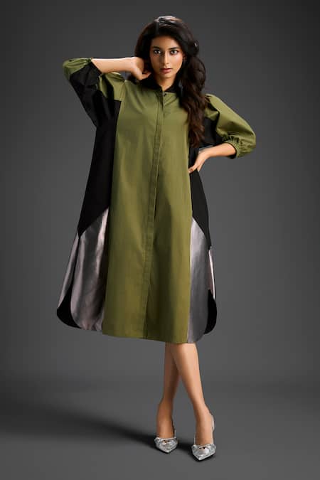 Buy_Deepika Arora_Green Cotton Collared Designer Dress _Online_at_Aza_Fashions