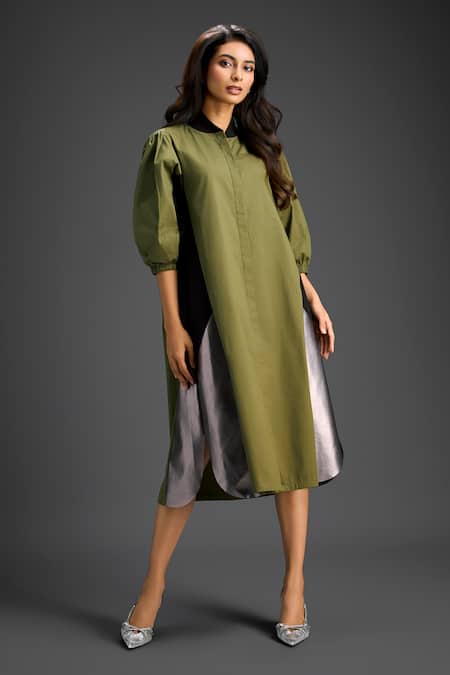 Shop_Deepika Arora_Green Cotton Collared Designer Dress _Online_at_Aza_Fashions