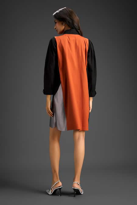 Shop_Deepika Arora_Orange Cotton Round Neck Designer Color Block Dress _at_Aza_Fashions