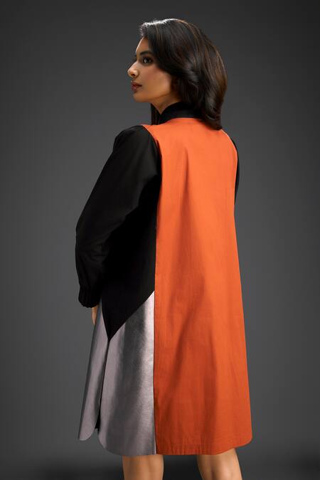 Shop_Deepika Arora_Orange Cotton Round Neck Designer Color Block Dress _Online_at_Aza_Fashions