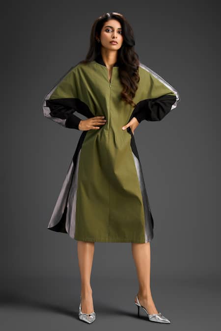 Deepika Arora Green Cotton Collared Designer Dress 