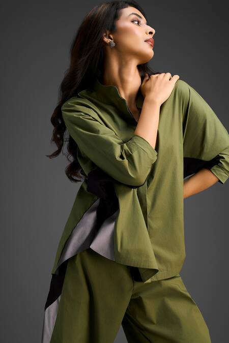 Buy_Deepika Arora_Green Cotton Mandarin Collar Designer Shirt And Pant Set _Online_at_Aza_Fashions