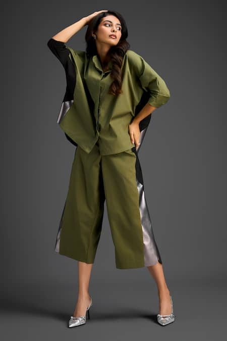 Shop_Deepika Arora_Green Cotton Mandarin Collar Designer Shirt And Pant Set _Online_at_Aza_Fashions