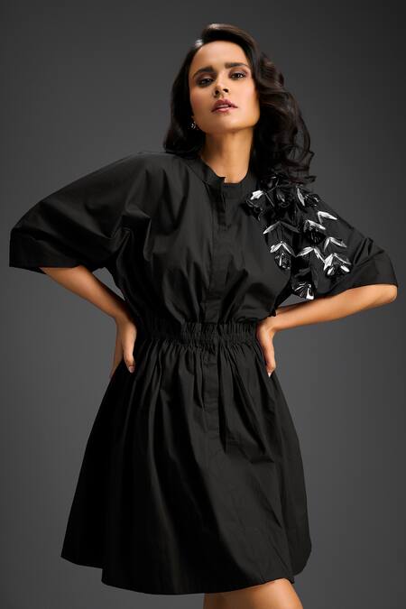 Buy_Deepika Arora_Black Cotton Round Neck Designer Embellished Dress 