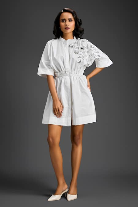 Deepika Arora White Cotton Collared Designer Dress 