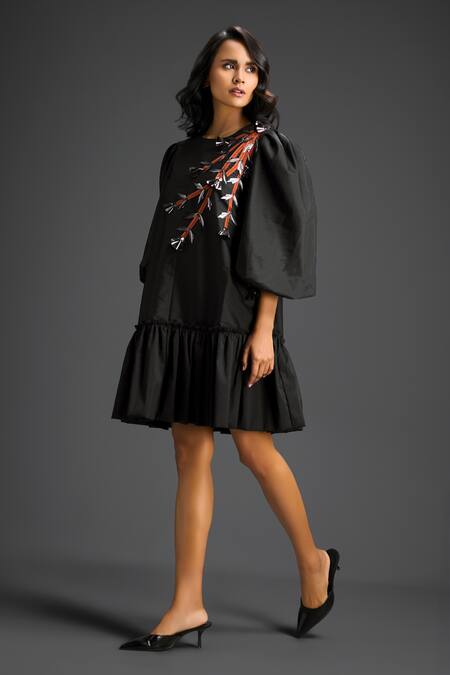 Deepika Arora_Black Cotton Metallic Thread Round Neck And Rust Designer Dress _Online_at_Aza_Fashions