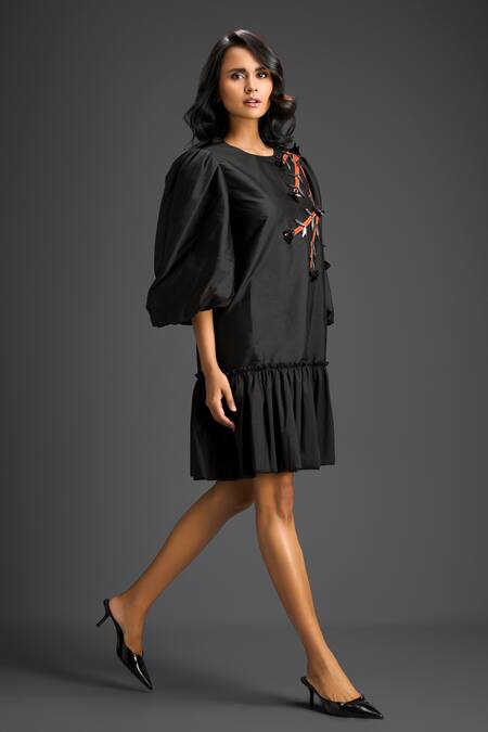 Shop_Deepika Arora_Black Cotton Metallic Thread Round Neck And Rust Designer Dress _Online_at_Aza_Fashions