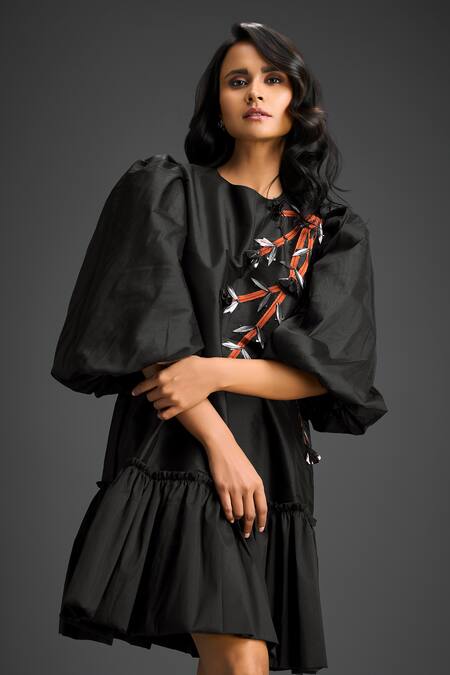 Deepika Arora_Black Cotton Metallic Thread Round Neck And Rust Designer Dress _at_Aza_Fashions