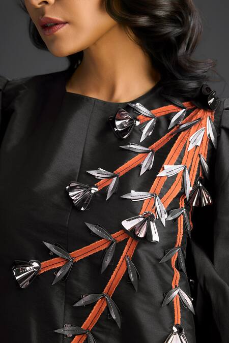 Buy_Deepika Arora_Black Cotton Metallic Thread Round Neck And Rust Designer Dress 