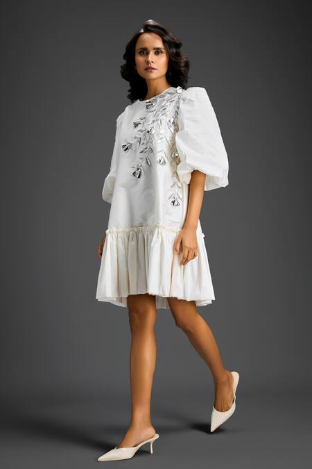 Deepika Arora White Cotton Embroidery Round Neck Designer Dress Online at Aza Fashions Deepika Arora_White Cotton Embroidery Round Neck Designer Dress _Online_at_Aza_Fashions