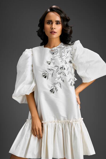 Buy Deepika Arora White Cotton Embroidery Round Neck Designer Dress Buy_Deepika Arora_White Cotton Embroidery Round Neck Designer Dress