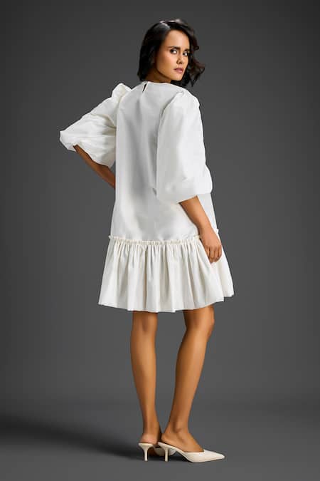 Shop Deepika Arora White Cotton Embroidery Round Neck Designer Dress at Aza Fashions Shop_Deepika Arora_White Cotton Embroidery Round Neck Designer Dress _at_Aza_Fashions