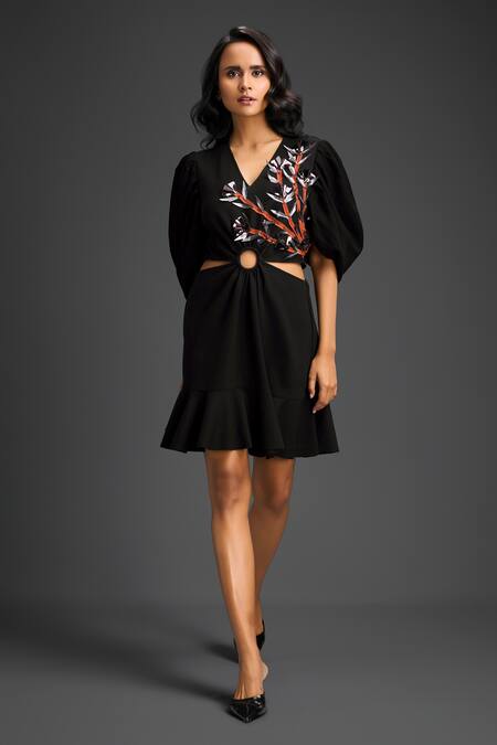 Buy_Deepika Arora_Black Cotton Embroidery V-neck Designer Dress _Online_at_Aza_Fashions