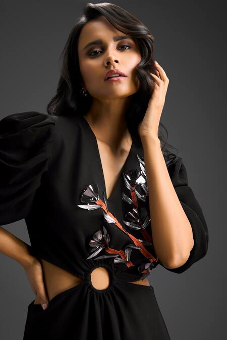 Buy_Deepika Arora_Black Cotton Embroidery V-neck Designer Dress 