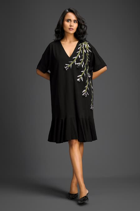 Deepika Arora Black Cotton Metallic Thread, Embroidery V-neck Dress 