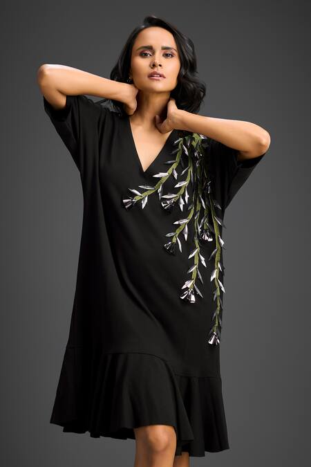 Deepika Arora_Black Cotton Metallic Thread, Embroidery V-neck Dress _Online_at_Aza_Fashions
