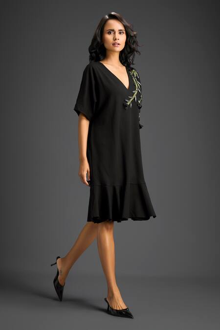 Buy_Deepika Arora_Black Cotton Metallic Thread, Embroidery V-neck Dress _Online_at_Aza_Fashions