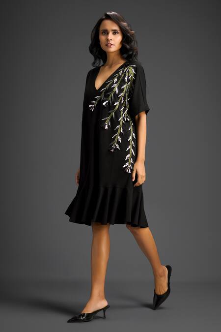 Shop_Deepika Arora_Black Cotton Metallic Thread, Embroidery V-neck Dress _Online_at_Aza_Fashions