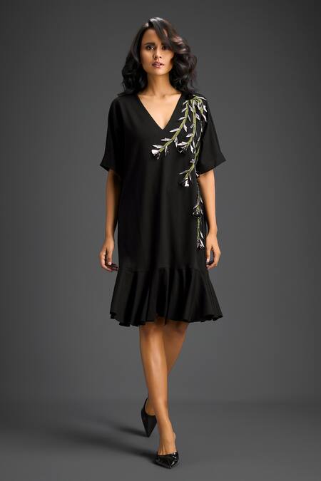 Deepika Arora_Black Cotton Metallic Thread, Embroidery V-neck Dress _at_Aza_Fashions