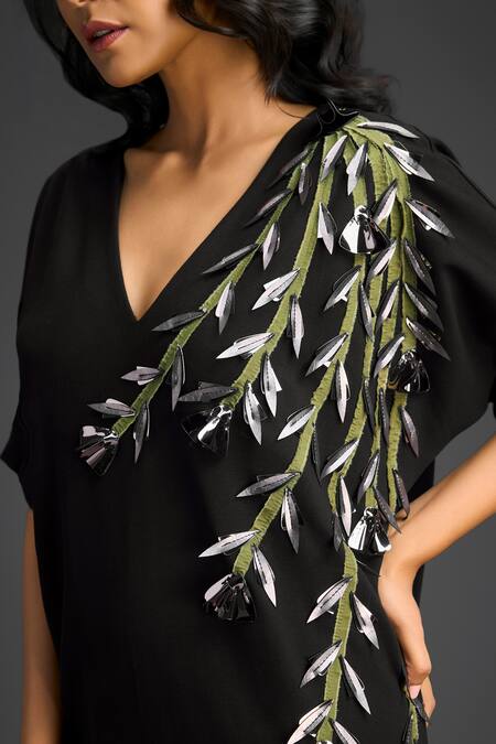 Buy_Deepika Arora_Black Cotton Metallic Thread, Embroidery V-neck Dress 