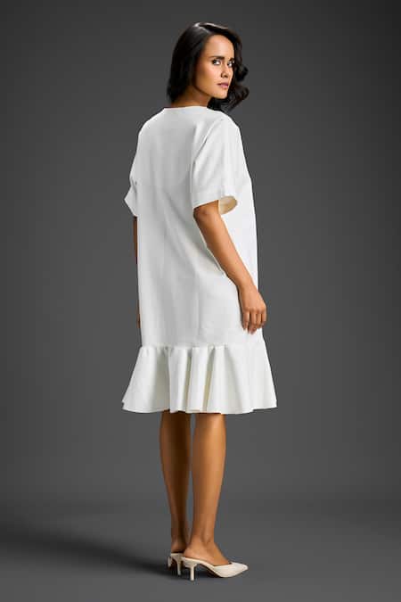 Shop_Deepika Arora_White Cotton V-neck Designer Embellished Dress _at_Aza_Fashions