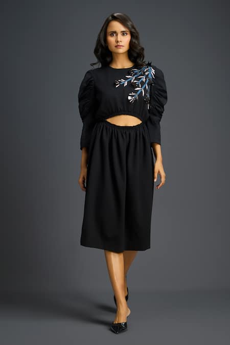 Deepika Arora Black Cotton Metallic Thread Round Neck Embroidered Dress 