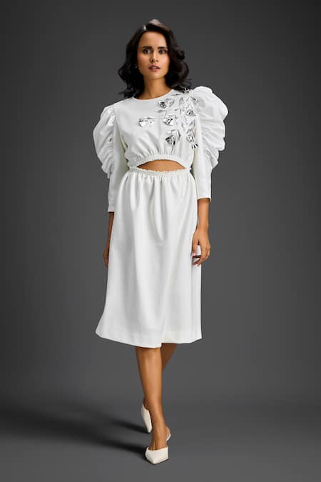 Deepika Arora White Cotton Round Neck Designer Embellished Dress 