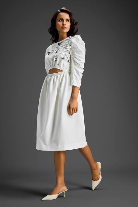 Shop_Deepika Arora_White Cotton Round Neck Designer Embellished Dress _Online_at_Aza_Fashions