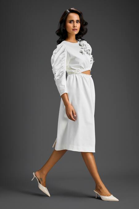 Deepika Arora_White Cotton Round Neck Designer Embellished Dress _at_Aza_Fashions