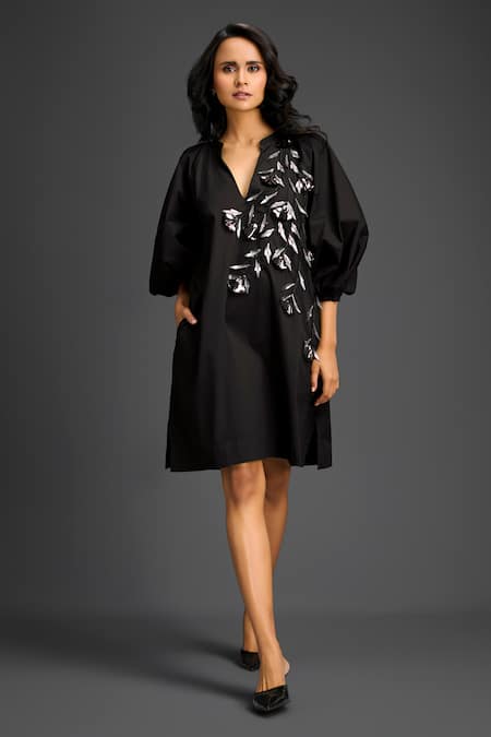 Deepika Arora Black Cotton V-neck Embellished Dress 