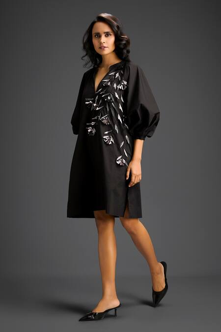 Shop_Deepika Arora_Black Cotton V-neck Embellished Dress _Online_at_Aza_Fashions